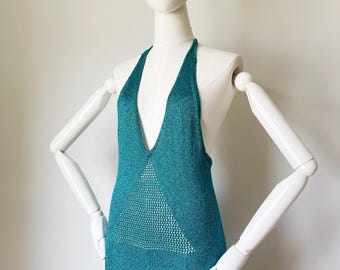 Abito vintage con scollo all'americana di Mary Quant - Abito all'uncinetto in lurex color verde acqua anni '70
