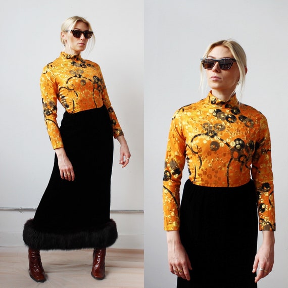 Metallic Orange Swirl & Velvet Fur Gown- S, Vinta… - image 9