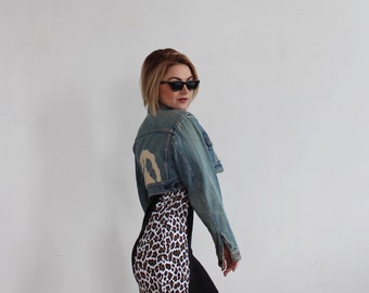 Jaqueta jeans cropped - Gap Pioneer Bleach Distressed Peace Sign Grunge Jean Light Wash