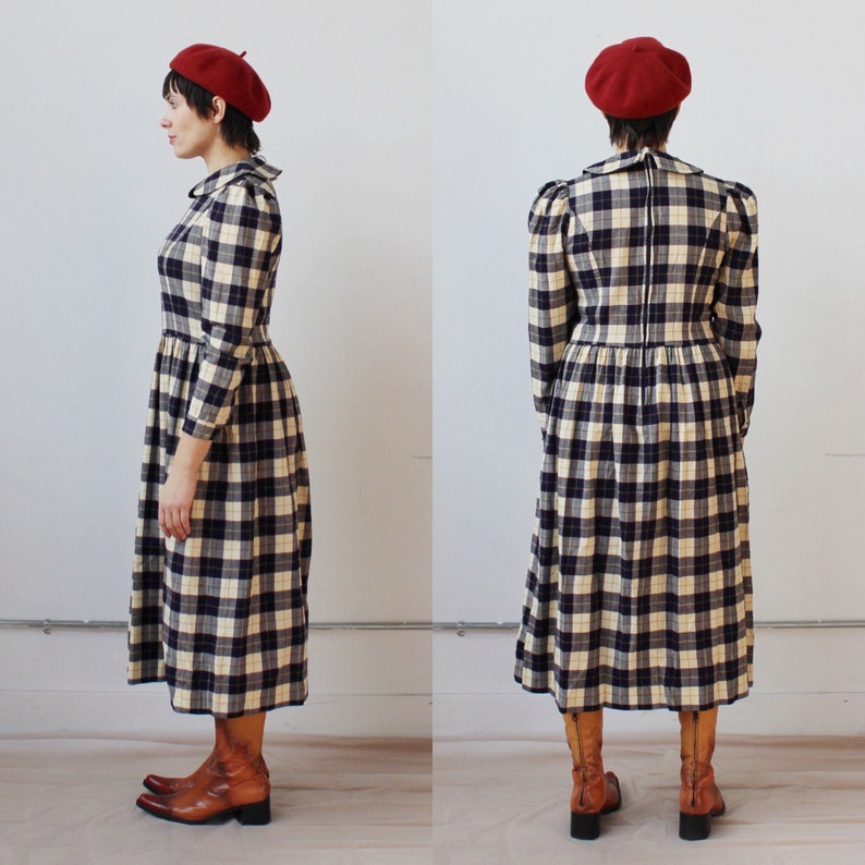 LAURA ASHLEY Plaid Dress M Cottagecore Tartan Cream & Black Etsy