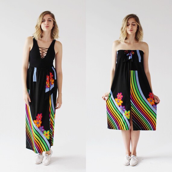 Rainbow Coverup- 70s Vintage, Disco Strapless Dres