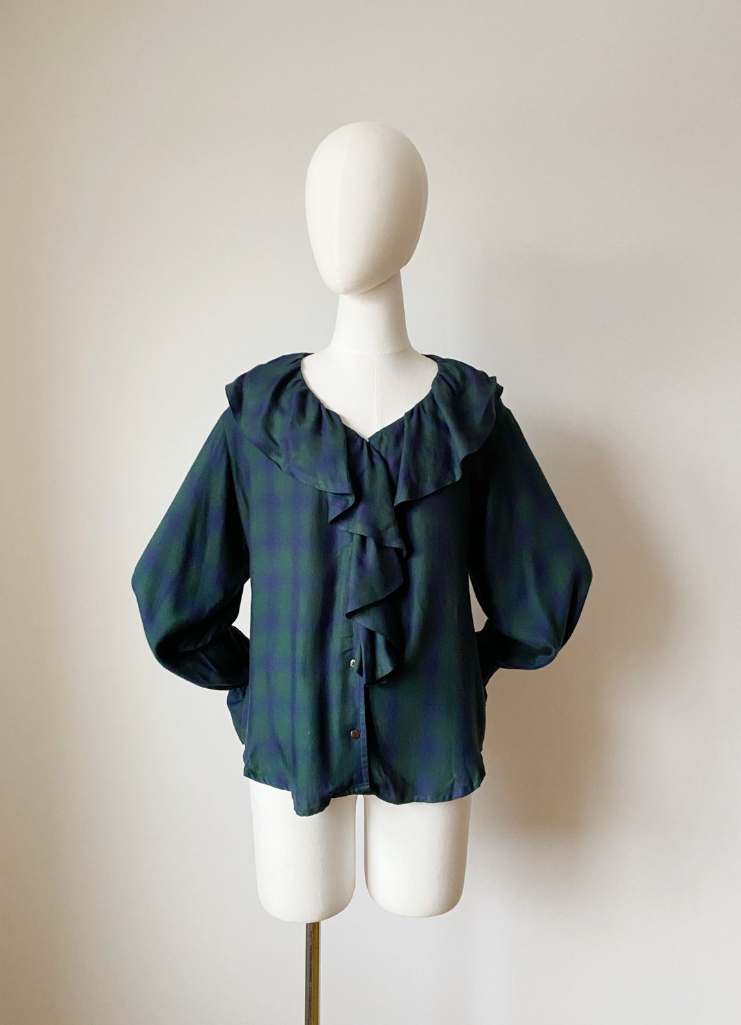 PLAID RUFFLE BLOUSE- 90s Shirt, Boho Grunge Forest Green Top I - Etsy