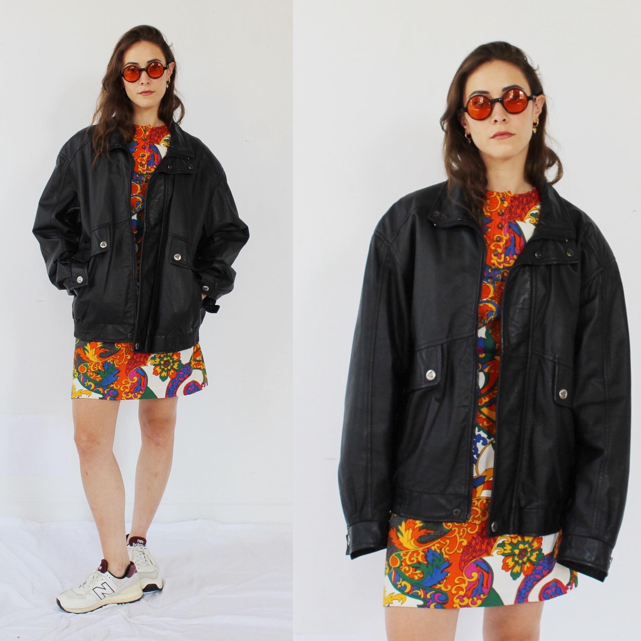 Leather Bomber Jacket- Vintage 90s Black Coat Fall Boxy