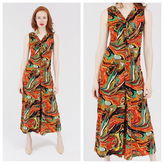 Psychedelic Orange Swirl Dress- Lava, Summer Hippi