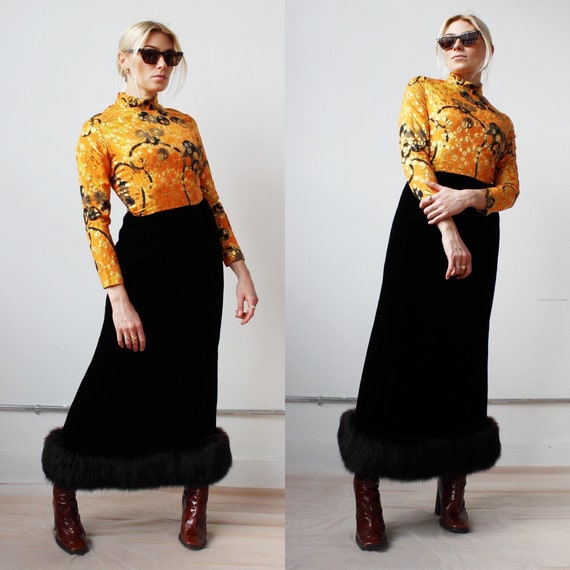 Metallic Orange Swirl & Velvet Fur Gown- S, Vinta… - image 10
