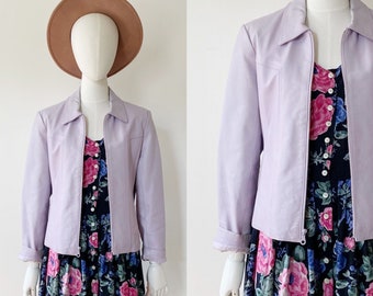 Lilac Pastel Leather Jacket- S, 90s Y2K Boxy Straight Cut Moto Petite Coat