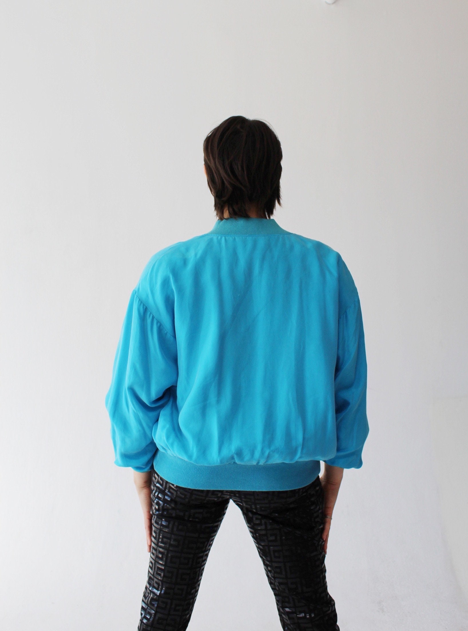SILK TEAL BOMBER Jacket- Vintage Blue 80s 90s Spring Summer