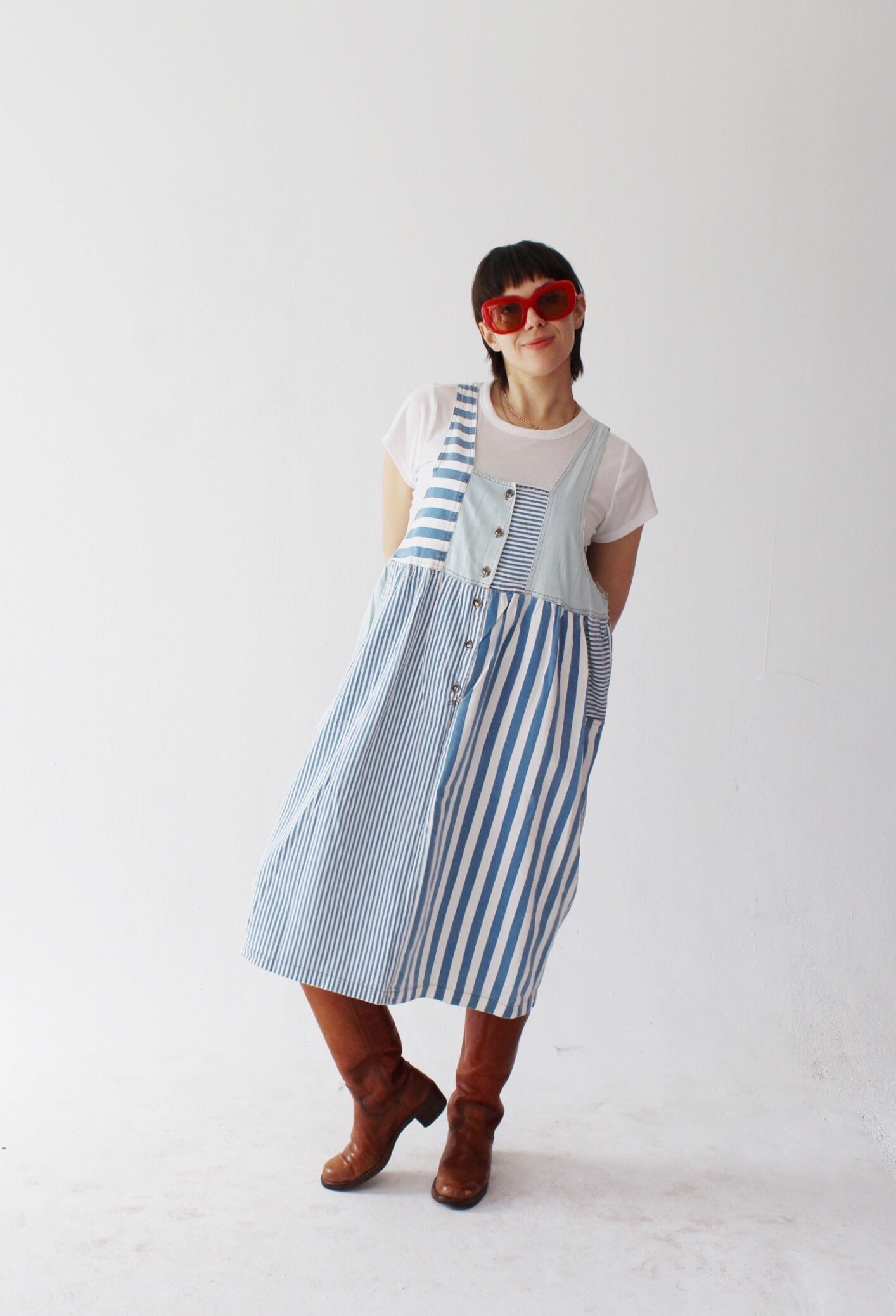 DENIM OVERALL DRESS- Striped 90s Vintage Boxy Loose Oversized Cottagecore  White Light Wash Jean Pinafore I - Etsy