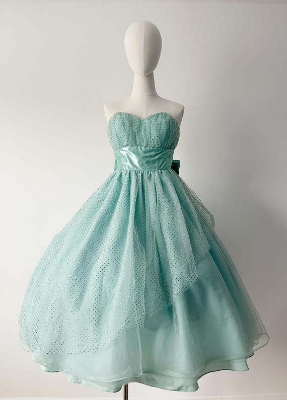 SEAFOAM GLITTER DRESS- Vintage Strapless Prom Green Blue Aqua Tea Length Gown Xs