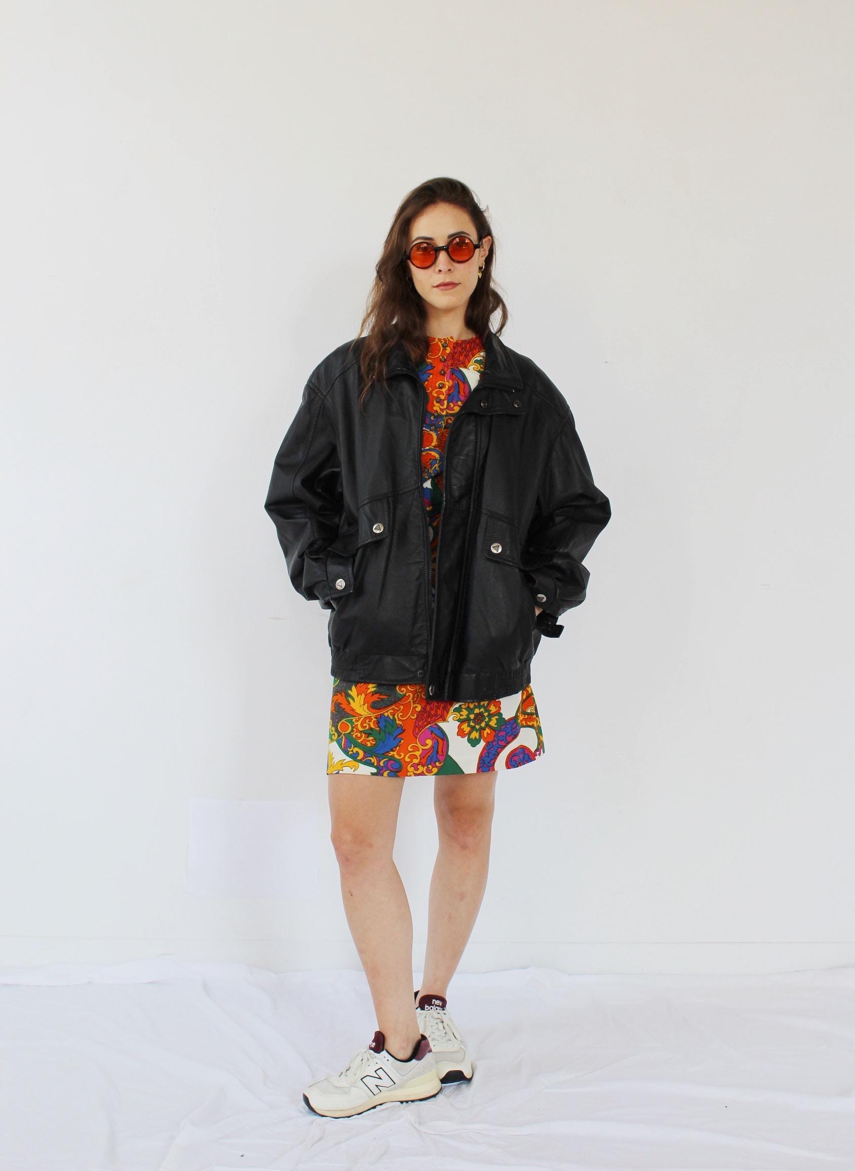 Leather Bomber Jacket- Vintage 90s Black Coat Fall Boxy
