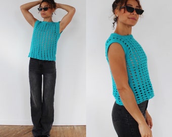 PULL SANS MANCHES TEAL- Boxy Crochet Vest Knit vintage Loose Square Hole Minimal 80s 90s Top Blouse