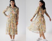 Rococo Print Dress- M, 80s, Peasant, Whimsical Storybook, Collar, Vintage