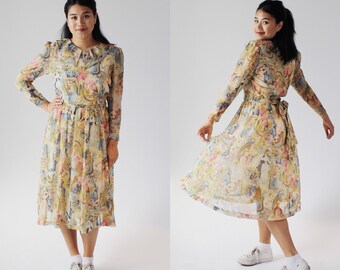 Rococo Print Dress- M, Whimsical Storybook, Vintage