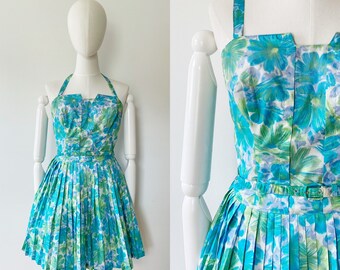 Teal Floral Playsuit Romper- M, Vintage Abercrombie & Fitch GaBar Onesie, Skort Pinup Dress