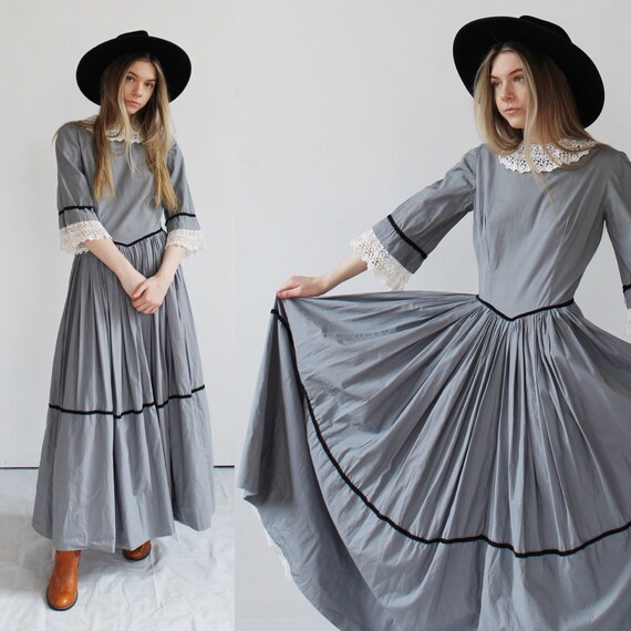 70s Vintage Boho Prarie Dress- 26, Gray Black Wit… - image 9