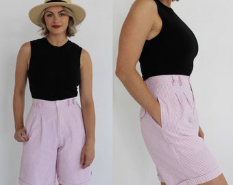 Pink Stripe High Waist Shorts- 25, XS, Seersucker Cotton Longline Preppy Pinup Academia