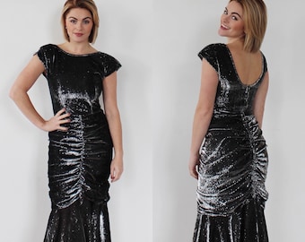 SILVER MATALLIC DRESS- Vintage Shimmer Foil Disco Ball Ruched Shimmer Cocktail Gown Medium