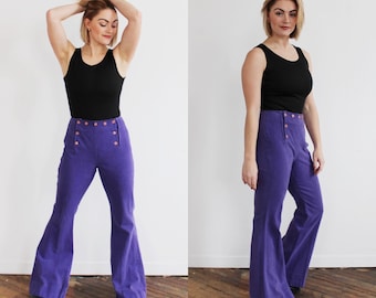 PURPLE BELL BOTTOMS- High Waist 1960s 70s Flare Jeans Pants, Vintage Nautical Inwood