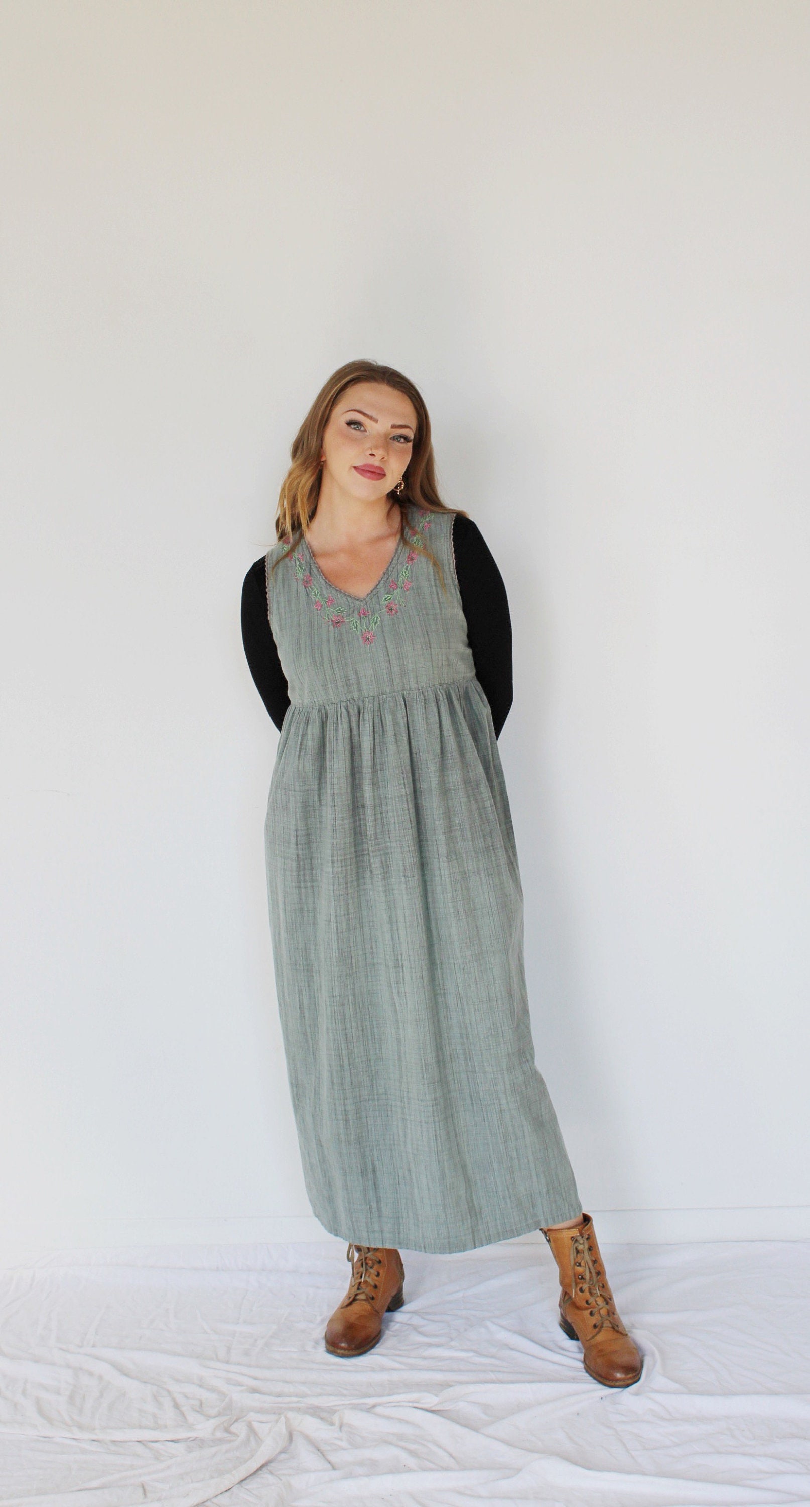 Sage Green Cotton Empire Waist Dress - Embroidered Flowers, S/M