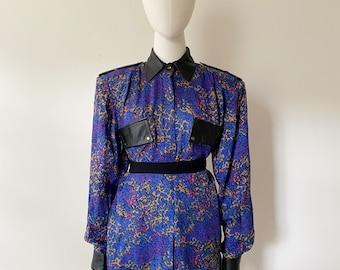 Silk & Leather Pebble Blouse- M, 90s Vintage Blue, Yellow and Purple n