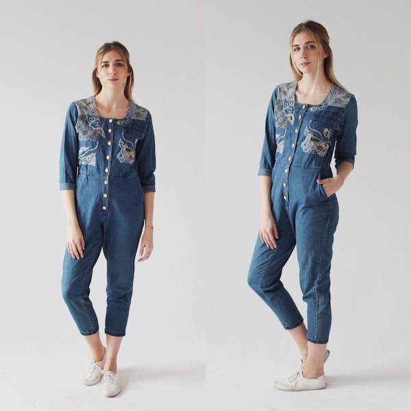 DENIM PATCHWORK JUMPSUIT- Chambray cottagecore Romantic Tapestry Embroidered Minimalist Medium 6