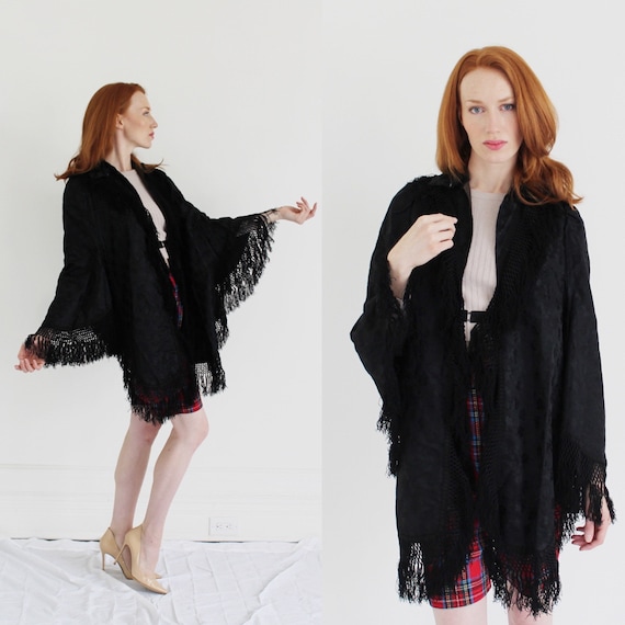 Victorian Black Mourning Cape- Edwardian Shawl, A… - image 1