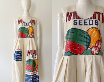 Feed/Seed Sack Dress- M/L, Overall Apron, 1960s Vintage Boho Baggy Loose Dress