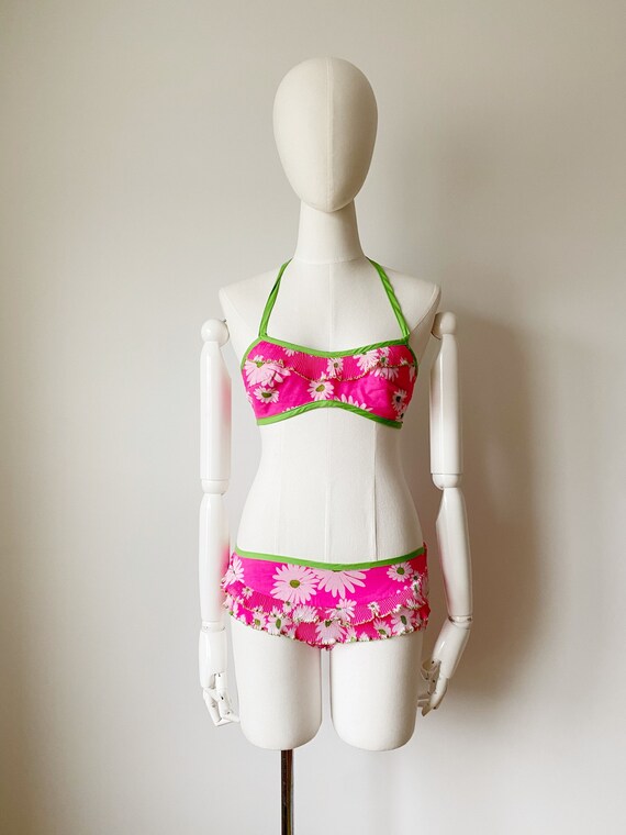 NEON FLOWER BIKINI- Pink & Green 1960s Beach Party Retro Swimsuit
