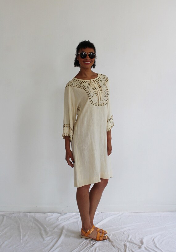 Gold & Beige Cotton Tunic- L, Womens Vintage, Min… - image 5