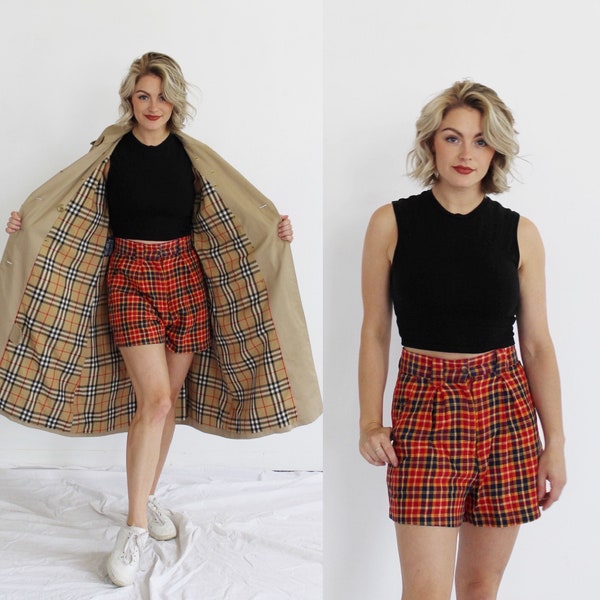 VINTAGE PLAID SHORTS- 27, High Waist preppy academia Yellow red navy golf 90s