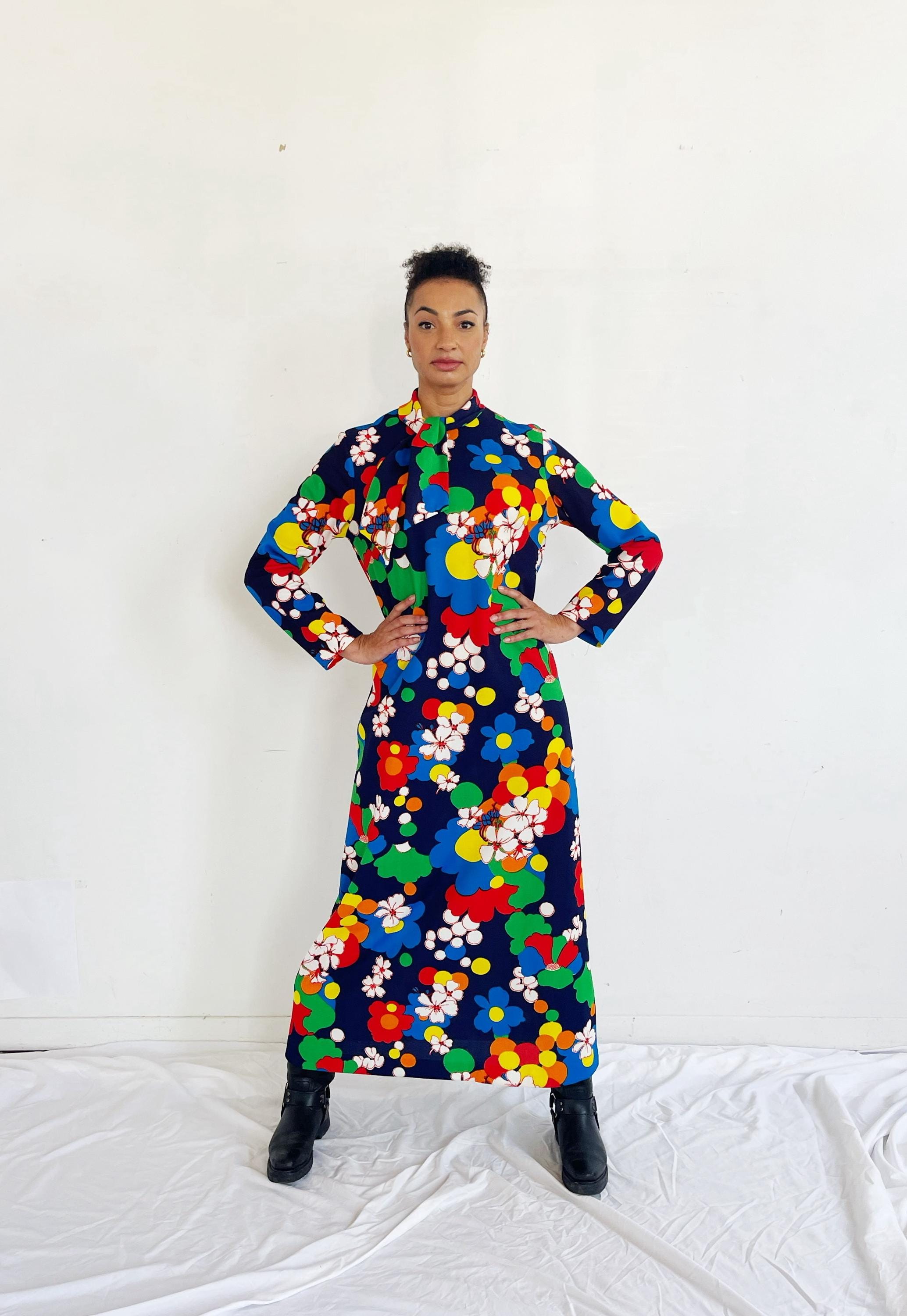 FLOWER POWER DRESS- Vintage 70s Neon Super Saturated Long Maxi