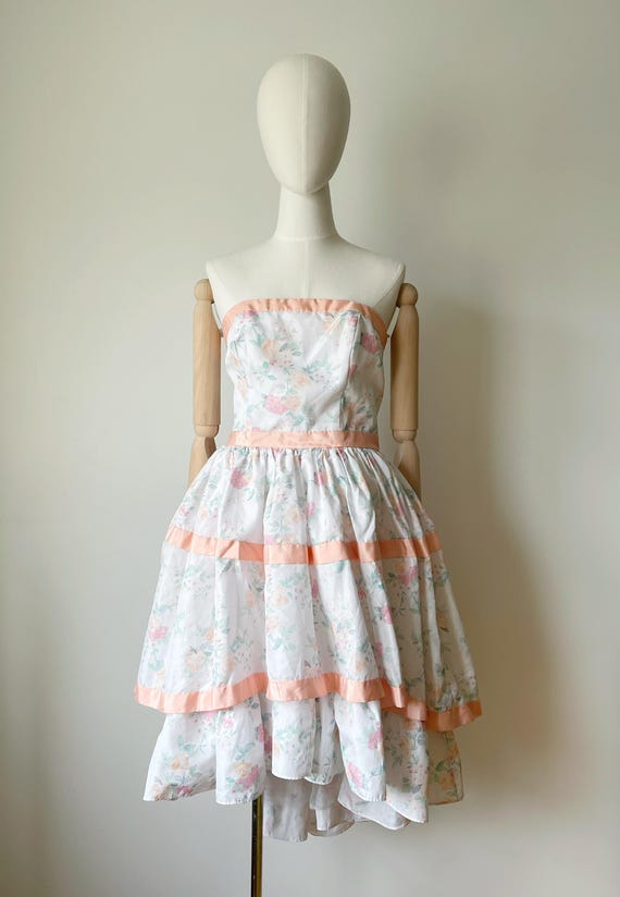 FLORAL STRAPLESS DRESS- Vintage Cupcake Pastel Pink Cottagecore Tiered Ruffle Garden Party FLORAL STRAPLESS DRESS- Vintage Cupcake Pastel Pink Cottagecore Tiered Ruffle Garden Party