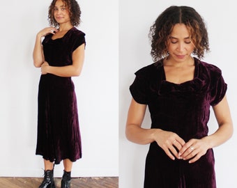 SILK VELVET DRESS- 1930s True Vintage Oxblood Merlot Cranberry Small Medium, Red Antique Clothing