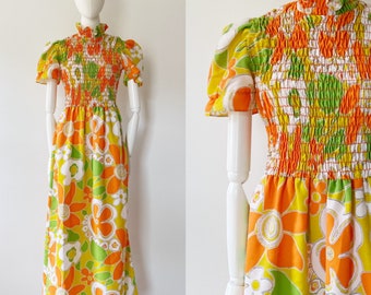 Citrus Flower Power Dress- S/M, Groovy Psychedelic Maxi Hippie Festival