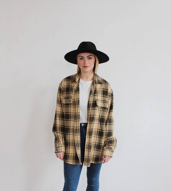 PLAID COTTON SHIRT- Xl, Baggy Oversized Taupe Black Plaid