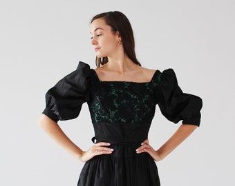 Off Shoulder Green & Black Garden Gown- XS, Puffy Sleeve, 1950s Gothic Regency Dress, Poet Sleeves q