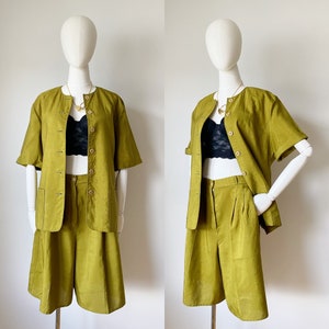 Olive Green Two Piece Fall Set- Blazer & Shorts, Chartreuse High Waist Wideleg Shorts, 90s Minimal Boxy Shorts