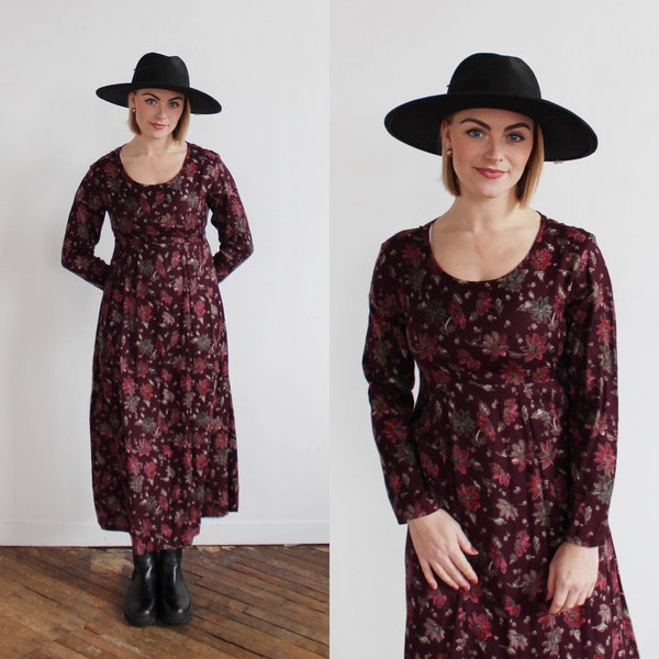 CRANBERRY FLORAL DRESS- 90s Vintage Grunge Witchy Flora Fauna Black Cherry