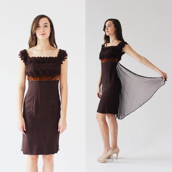 1950s Brown Velvet Floral Dress- Xs, Vintage Roman