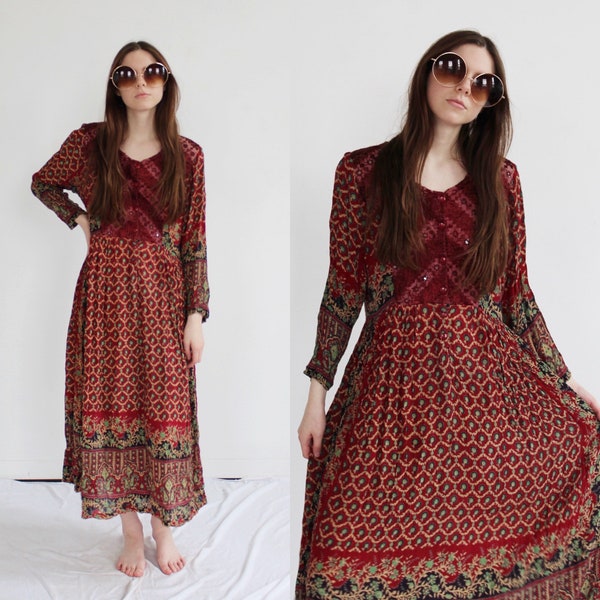 Boho Festival Dress- M, Gauzy Hippie 90s vintage Tribal Print A