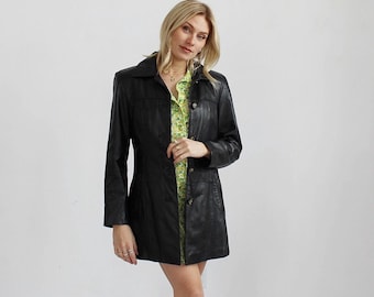 Y2k BLACK LEATHER JACKET- Vintage Danier Medium Sleek 90s Slick Button Front Blazer Coat