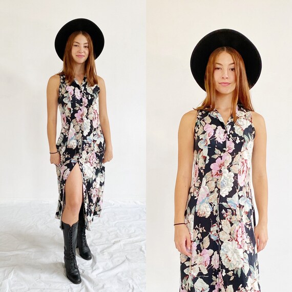 90s Floral Duster Dress- S/M, Grunge Button Up Ves