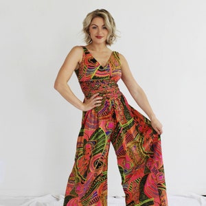 PSYCHEDELIC NEON JUMPSUIT- M, Wideleg Palazzo Groovy Onesie, Optic Art