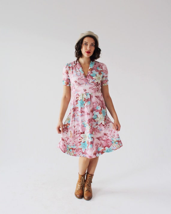 70s Cotton Babydoll Dress- S/M, Empire Waist, Floral Print, Cap Sleeve Boho 4