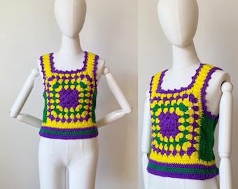 PURPLE CROCHET VEST- Groovy Hippie Multicolor Yellow Green Top Shirt, Vintage 1960s Medium