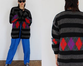 MOHAIR PREPPY CARDIGAN Sweater- Fuzzy Varsity Academia 90s Stripe Knit