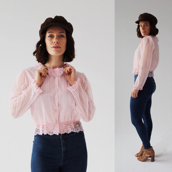 Vintage Pink Lace Blouse- S, 70s Boho, Edwardian S