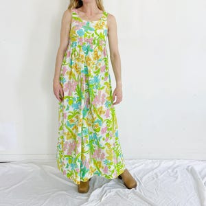 GAUZY FLORAL JUMPSUIT- Vintage 60s Wideleg Baggy Neon Onesie Romper, Loose Summer Tank Top Small Boho
