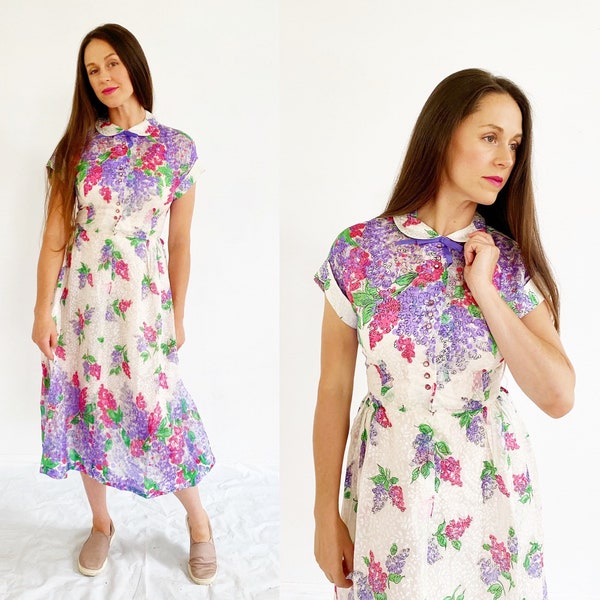 1950s Floral Peter Pan Collar Dress- 26, Sheer Silk, Pastel Betty Draper 4