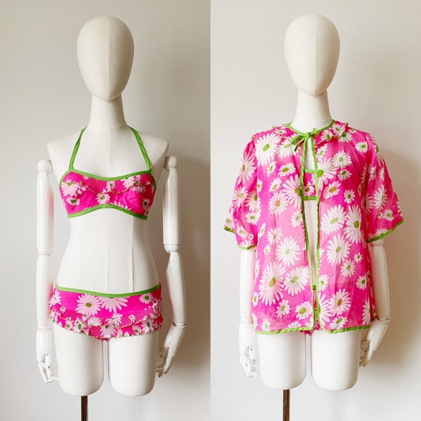 NEON FLOWER BIKINI- Pink & Green 1960s Beach Party Retro Swimsuit, Three Piece Set